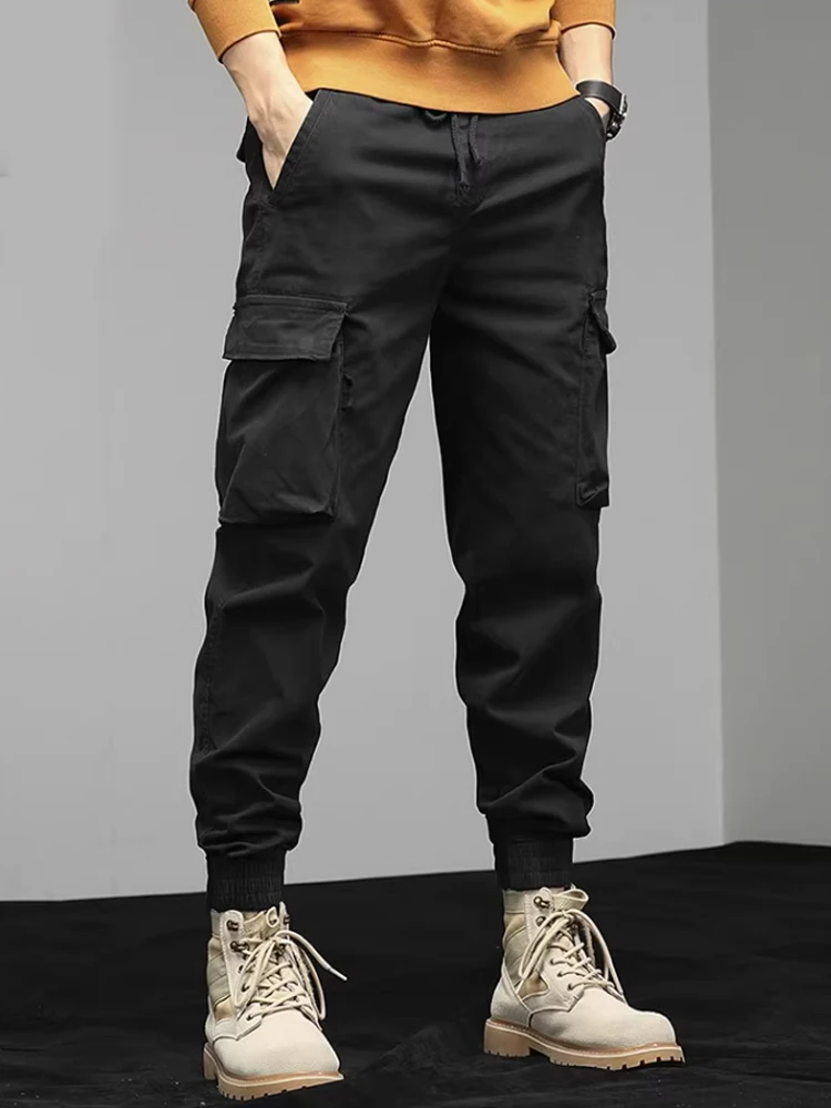 

Workwear pants for men in spring and autumn, thin and loose, oversized with leg ties and multiple pockets