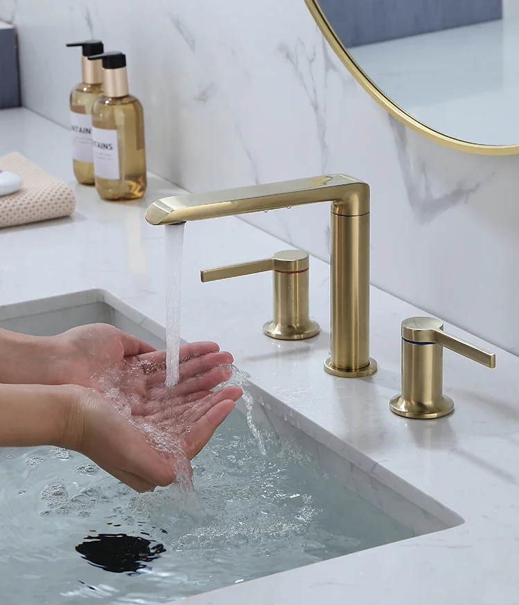 Description Picture 2 of itemBrushed Gold Bathroom Widespread Basin Faucets Soild Brass Sink Mixer Hot & Cold Lavatory Crane Vessel 2 Handle 3 Hole Black