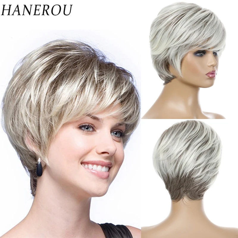 HANEROU Short Wig Mixed Ombre Brown Nature Pixie Cut Straight Women Natural Wig for Cosplay Party Daily мужские кроссовки nike air force 1 07 lx next nature brown kelp dc8744 301