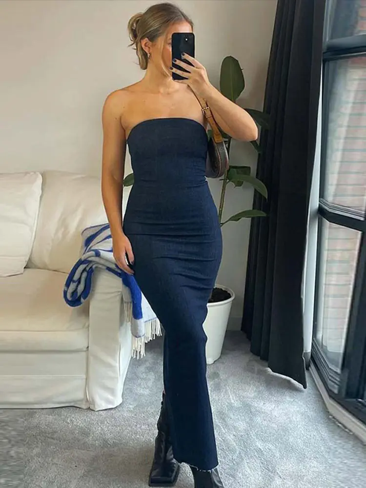 

Sexy Strapless Backless Zipper Split Dress Party Blue Denim Female Long Dress for Women Clothes summer Elegant evening dresses
