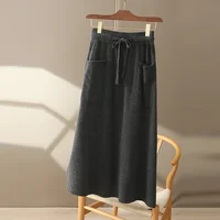 Autumn And Winter100% Pure Wool Skirt Women's Long Pocket Small A Skirt High Waist Slim Cashmere Knit A-Line Skirt - Image 6
