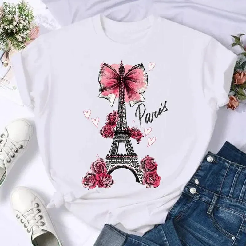 Camiseta de manga corta con lazo de mariposa para mujer, Blusa con estampado de flores dulces, camisetas informales para mujer, Camiseta con estampado de dibujos animados