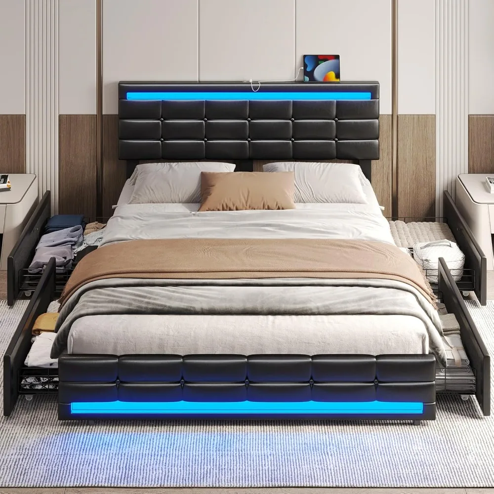 ADORNEVE Full Size Bed Frame with Storage Drawers, LED Lights Headboard Footboard, Upholstered Leather Platform LED Bed Frame wi