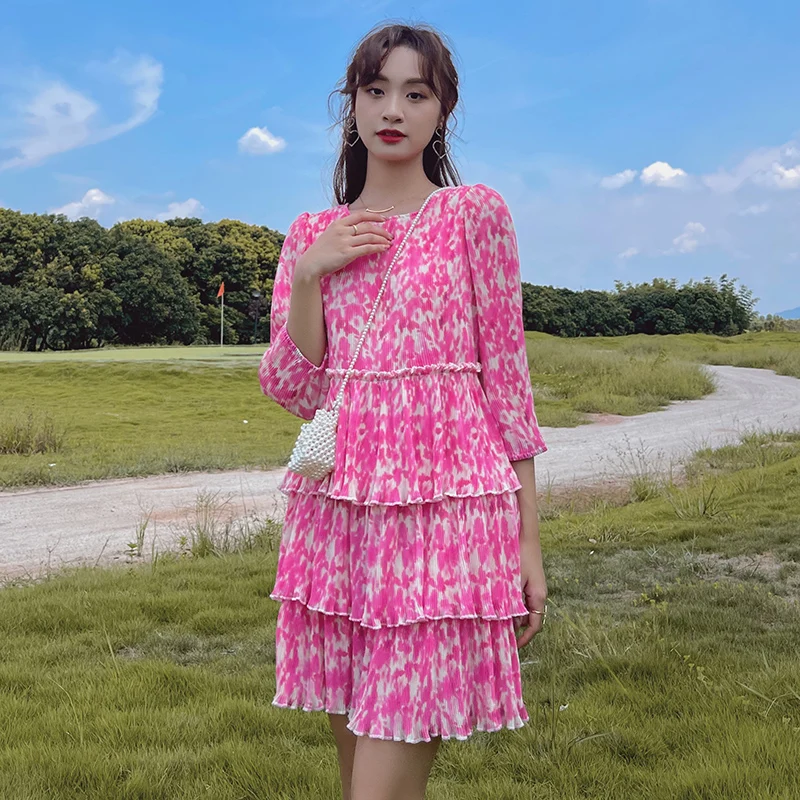 

2022 Spring Autumn Fashion Runway Cascading Ruffles Dress New Women Smudge Powder Small Fresh and Sweet Dress