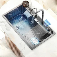 Stainless Steel Kitchen Sink Digital Display Waterfall Sink Embossed Large Single Slot Multifunctional Dishwashing Sinks 1