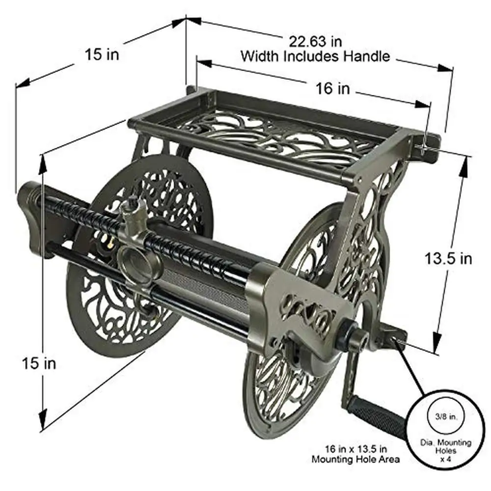 Decorative Aluminum Hose Reel Wall Mount 125ft Capacity Garden Tool Organizer Shelf Leader Hose