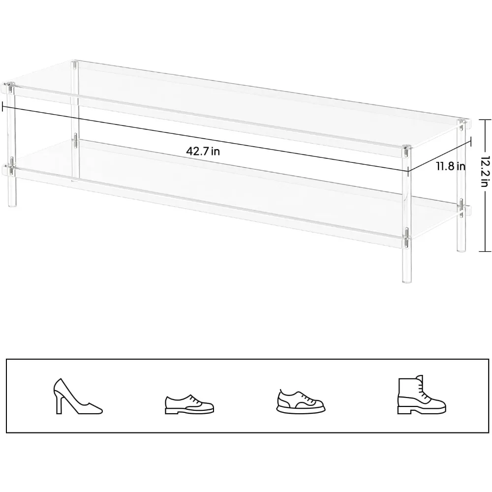 acrylic long shoe rack - 2 tier shoe organizer for closet- wide shoe shelf clear shoes rack for entryway, 42.7'' l x 11.8'' w x
