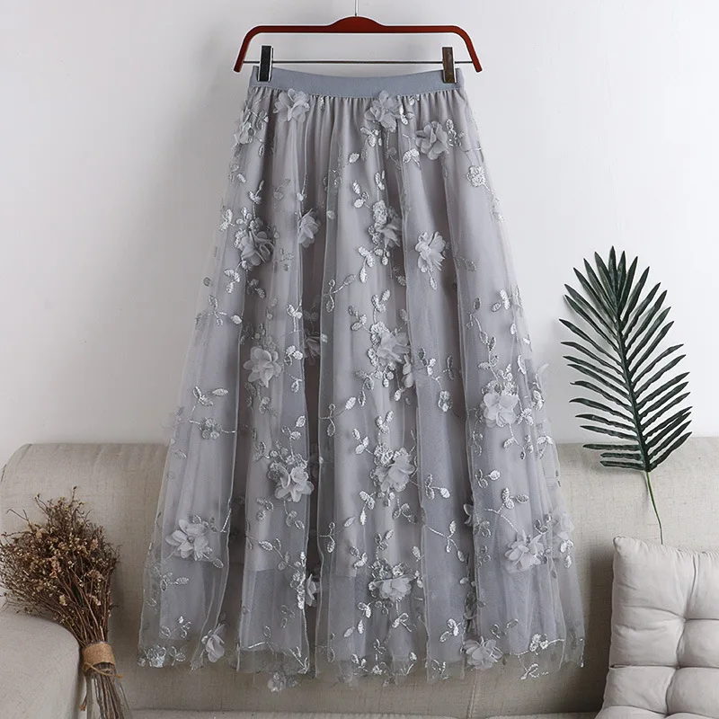 Women Floral Tutu Tulle Mesh Skirts Spring Elastic High Waist Embroidery Flower Print Overlay Layered A Line Midi Skirts Female a line skirt