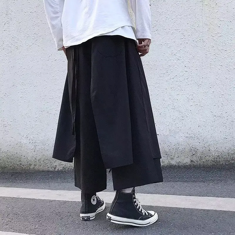 Fashion Black Straight Cropped Pants Streetwear Men's Casual Pants Wide Hip Hop Tang Suit Flared Online Chinese Store