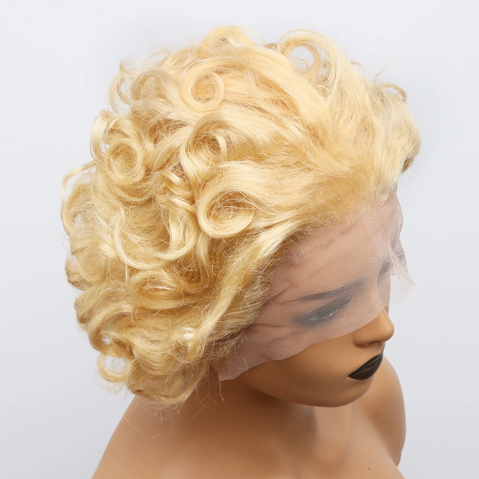 Blonde 13x1 Lace Pixie Cut Wigs Curly Wigs Remy Brazilian Blonde Lace Front Human Hair Pre Plucked Transparent