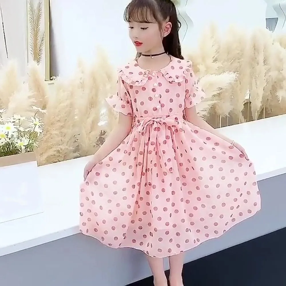 Elegant Doll Collar Girls Princess Dress Teens Party Summer Dot Dress Beach Vacation Sweet Children Dress Summer