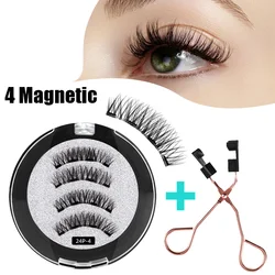 4 Magnets 3D Magnetic False Eyelashes Handmade Faux Cils Glue-free Magnetic Natural Mink Eyelashes with Tweezers