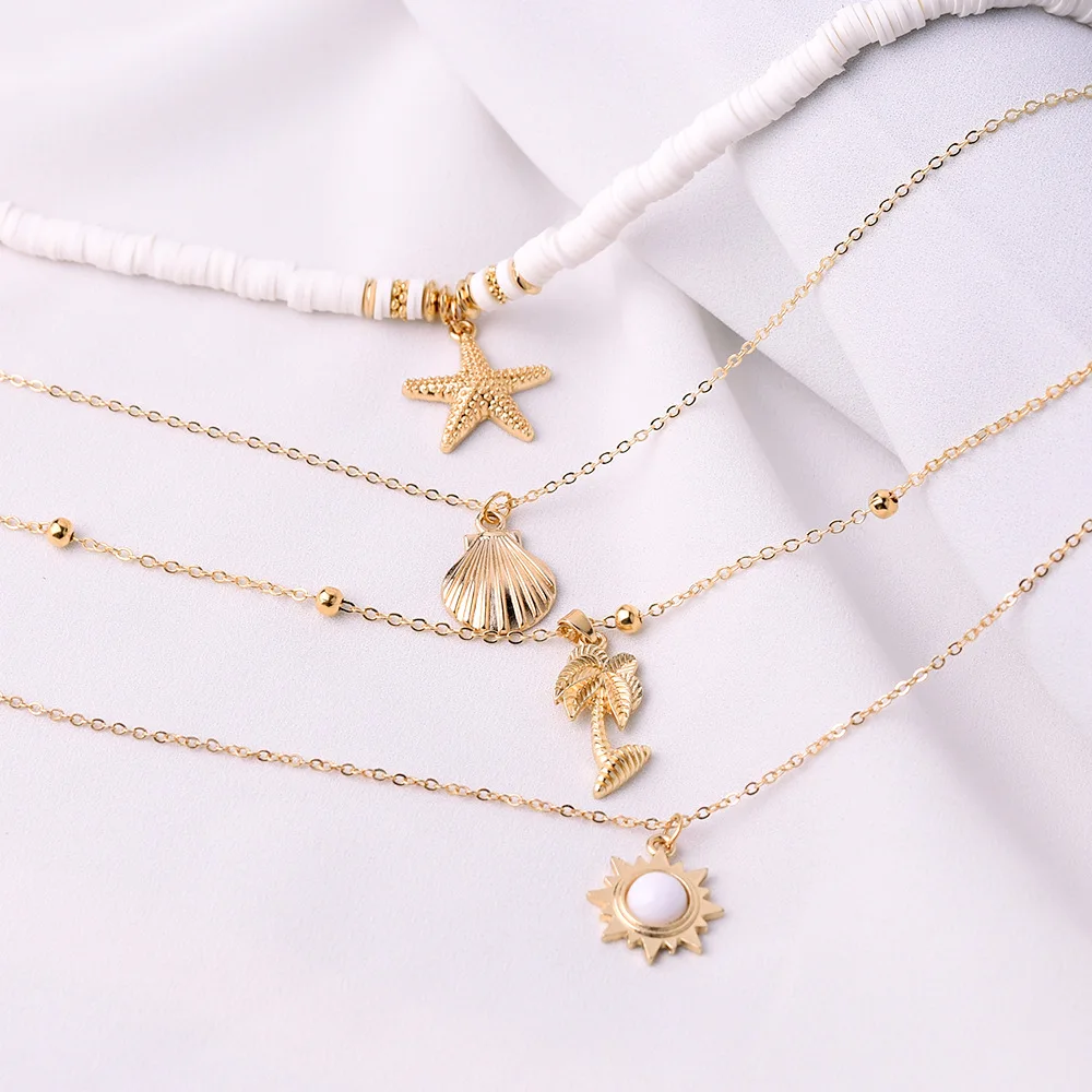 Fashion New Bohemia Soft Clay Shell Star Sun Pendant Chain Layered Necklace for Women Girls Summer Beach Simple Layered Necklace - Image 2