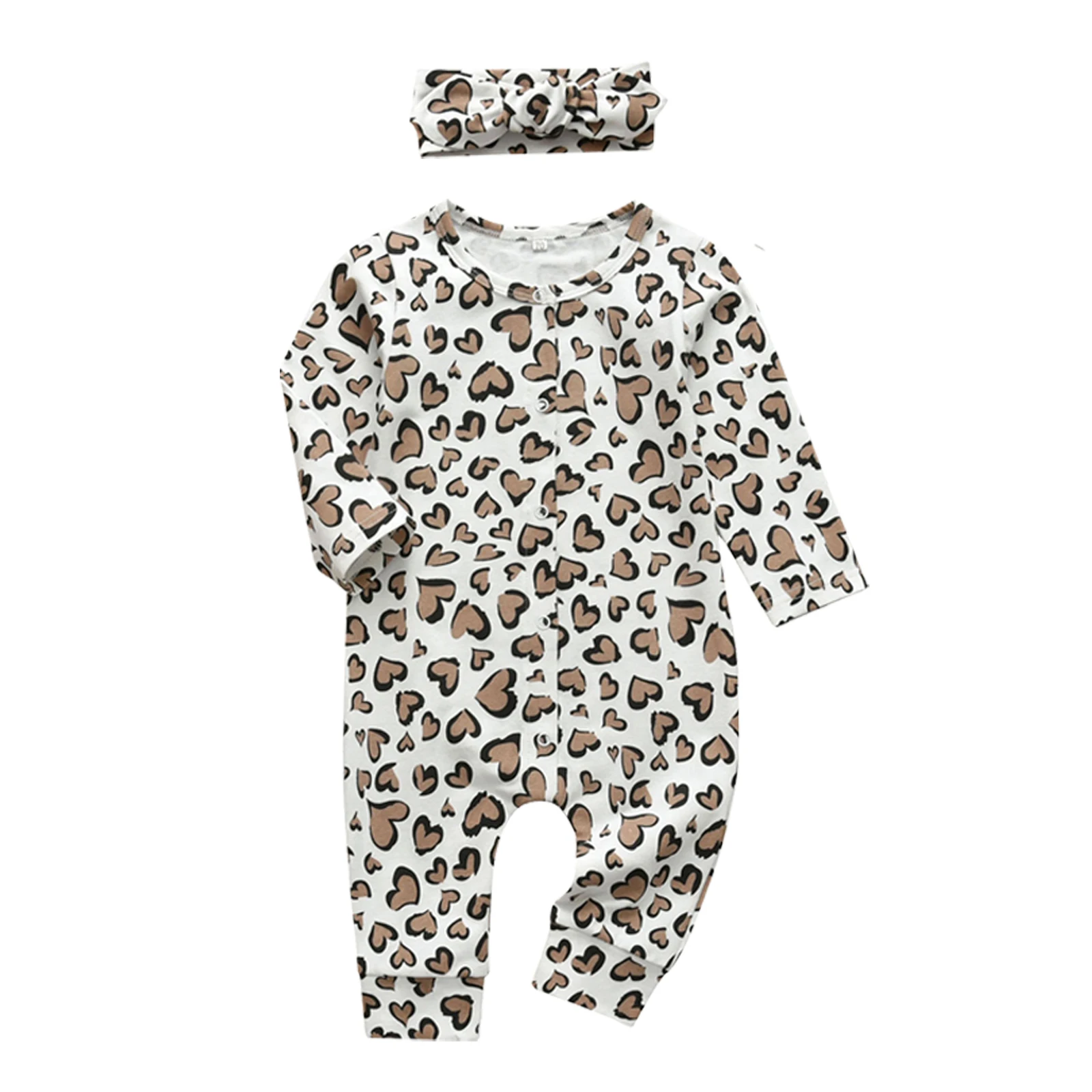 Infant Baby Girls Romper Hearts Print Long Sleeve Jumpsuit with Headband 1