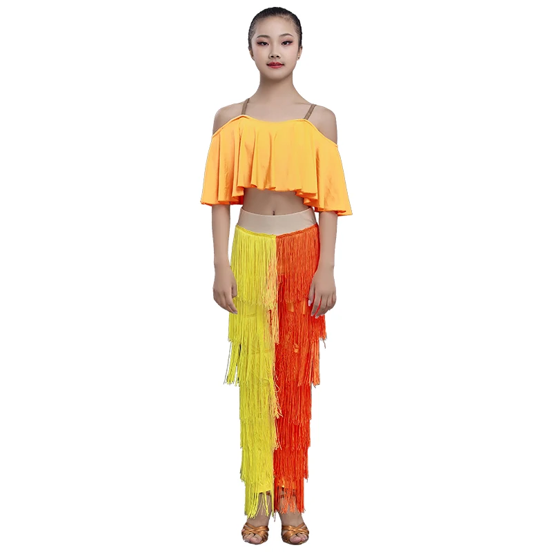 Latin Dance Dresses Ballroom Ruffled Top Fringe Tassels Dress Pants Fringes Salsa Samba Costume Kids Latin Dance Clothes SL6462