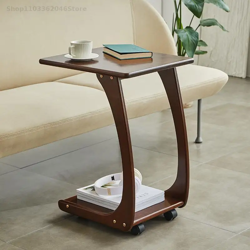 Solid Wood Side Table Mobile Coffee Table With Wheels Small Square Living Room Sofa Side Cabinet Cabinet Cart