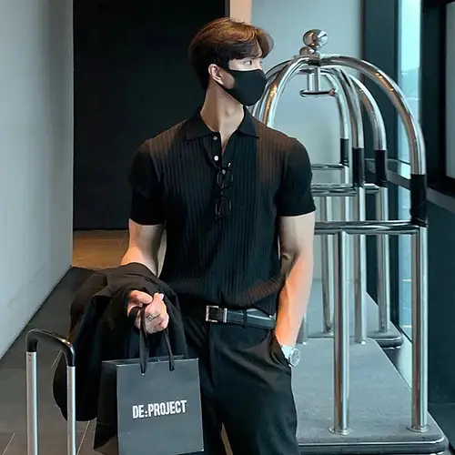Summer Men's Clothing Retro Knit Lapel Striped Polo Shirt Solid Color Short Sleeve Fashion Light Luxury Popular Knitwear M-3XL - Image 4