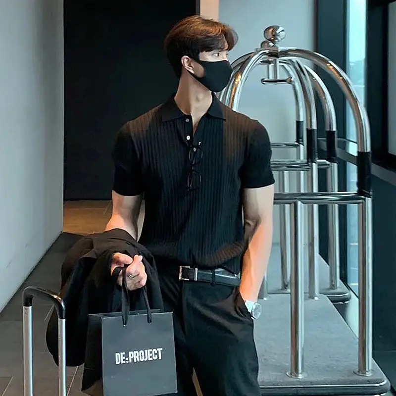 Summer Men's Clothing Retro Knit Lapel Striped Polo Shirt Solid Color Short Sleeve Fashion Light Luxury Popular Knitwear M-3XL - Image 4