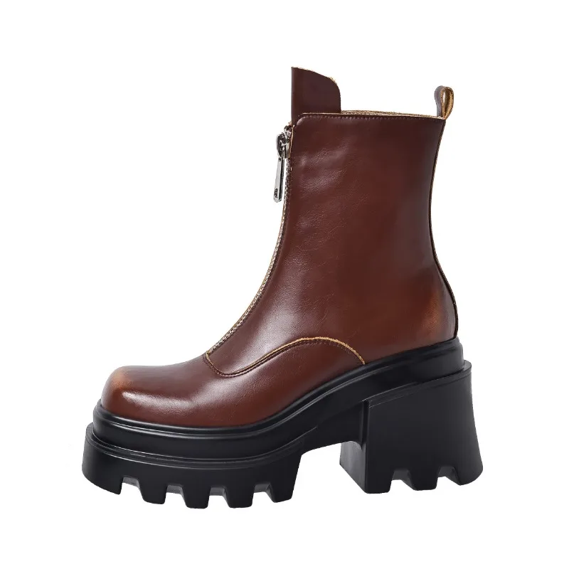 

2023 new Autumn winter Women ankle boots natural leather 22-25cm brush color cowhide modern boots front zip platform boots