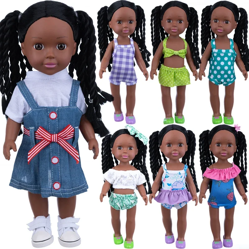 

New 14inch Reborn Baby Doll Silicne Pink Braid Tide Baby 35Cm Straight Hair Black Skin American Girl Dress Up Doll Toy