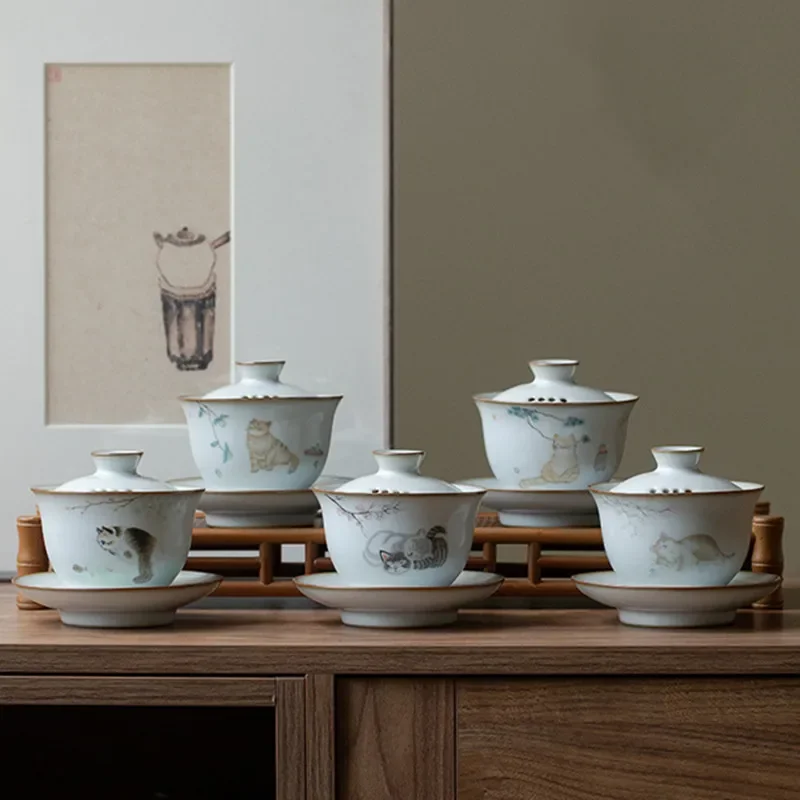 Tazza da tè Gaiwan in ceramica con figure di gatto in stile cinese (150ml) 95 S866c6089db1c4cdeae084633e1900a85q