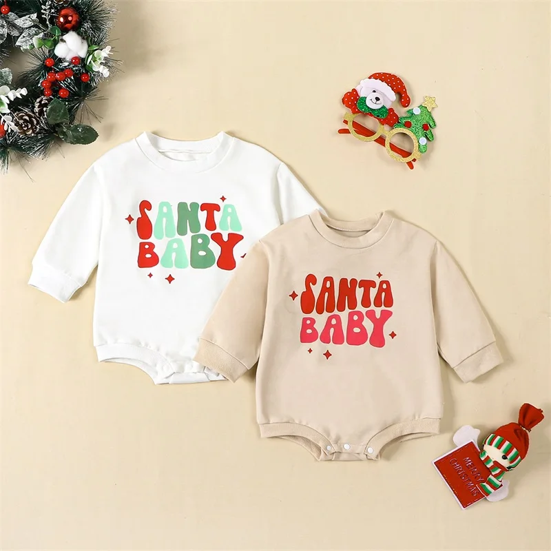 

2023-09-21 Lioraitiin 0-24M Newborn Baby Boys Girls Christmas Romper Long Sleeve Crew Neck Santa Letter Print Xmas Playsuit