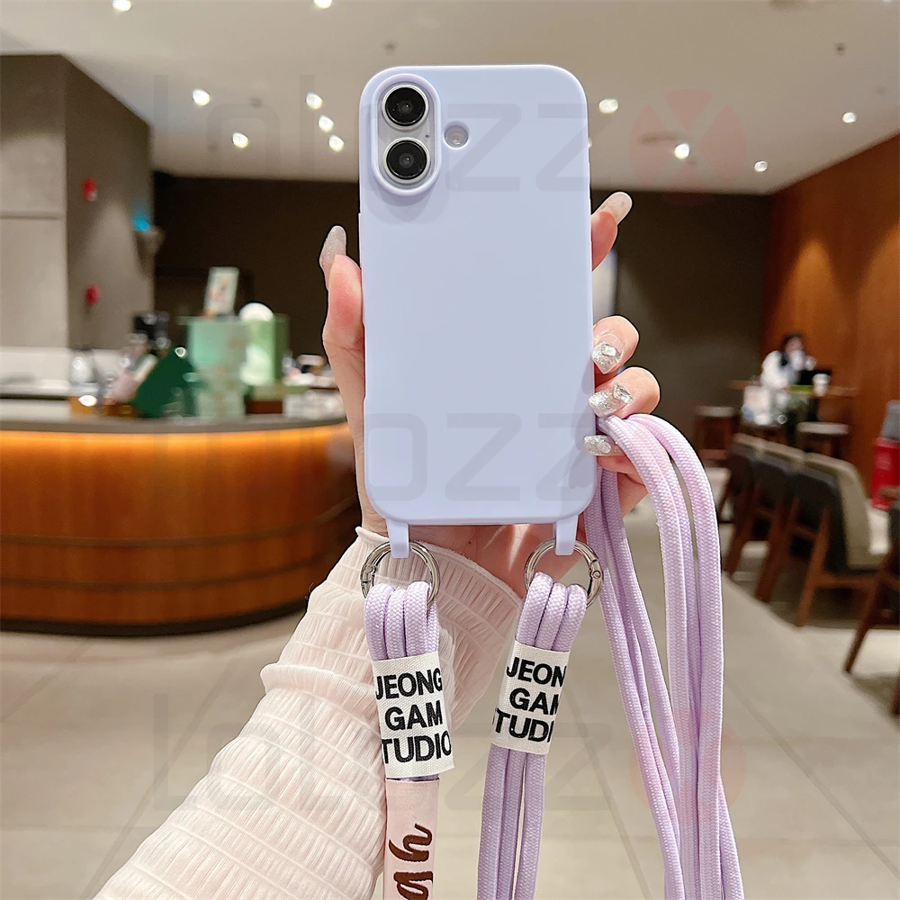 Crossbody Necklace Strap Cord Matte Soft Phone Case For iPhone 16 15 Pro Max 14 Plus 13 12 11 Liquid Silicone Shockproof Cover_voghion.com