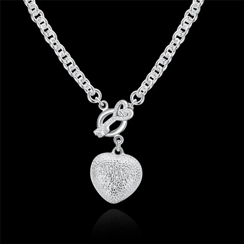 Pendant Necklace Silver Necklace 925 Sterling Silver Necklace Jewelry 18 inches Shiny Crystal Heart Key necklace for women Christmas gift