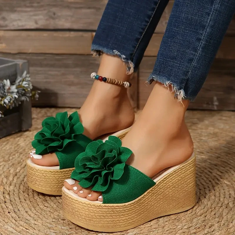 Aphixta Green Baby Pink New 3.54 Inch Hight Wedge Heels Appliques Flowers Platform Slides Women — view 2