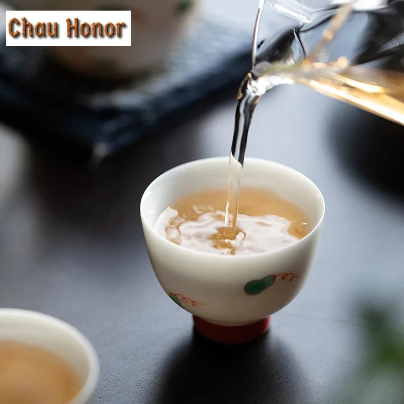 2pc/lot Boutique Pure Hand Painted Gourd Art Ceramic Tea Cups Chinese White Porcelain Master Cups Meditation Cup Tea Set 30ml