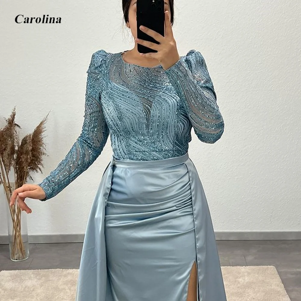 

O-Neck Prom Gown Satin Pleated Long Sleeves High Split Sequined Occasion Dress Robe De Soirée Women Ruched Evening Party Dress