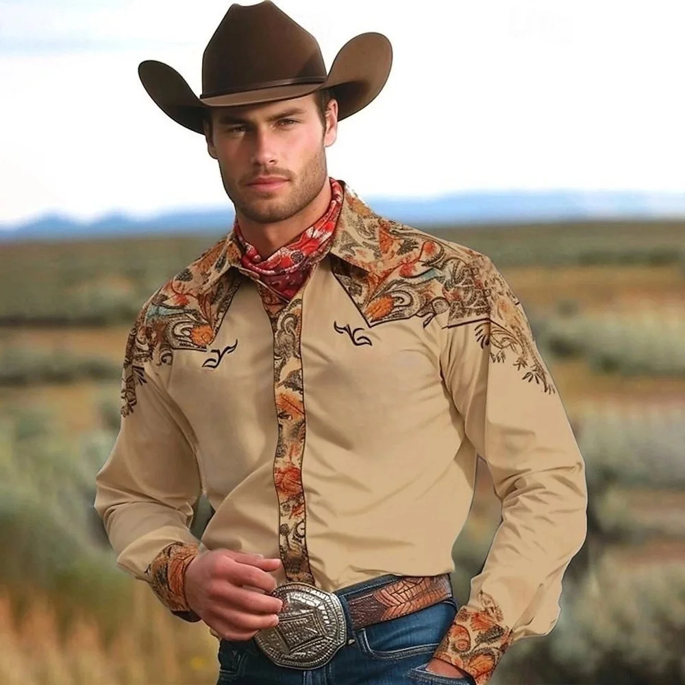 Men's Vintage Western Denim Long Sleeve Lapel Button Up Shirt