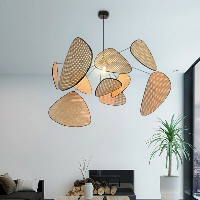 

Modern Living Room Chandeliers Restaurant Leaf Grid Rural Hand Made Rattan Art Screen Lamp E27 Bedroom Home Decor Hanging Lights