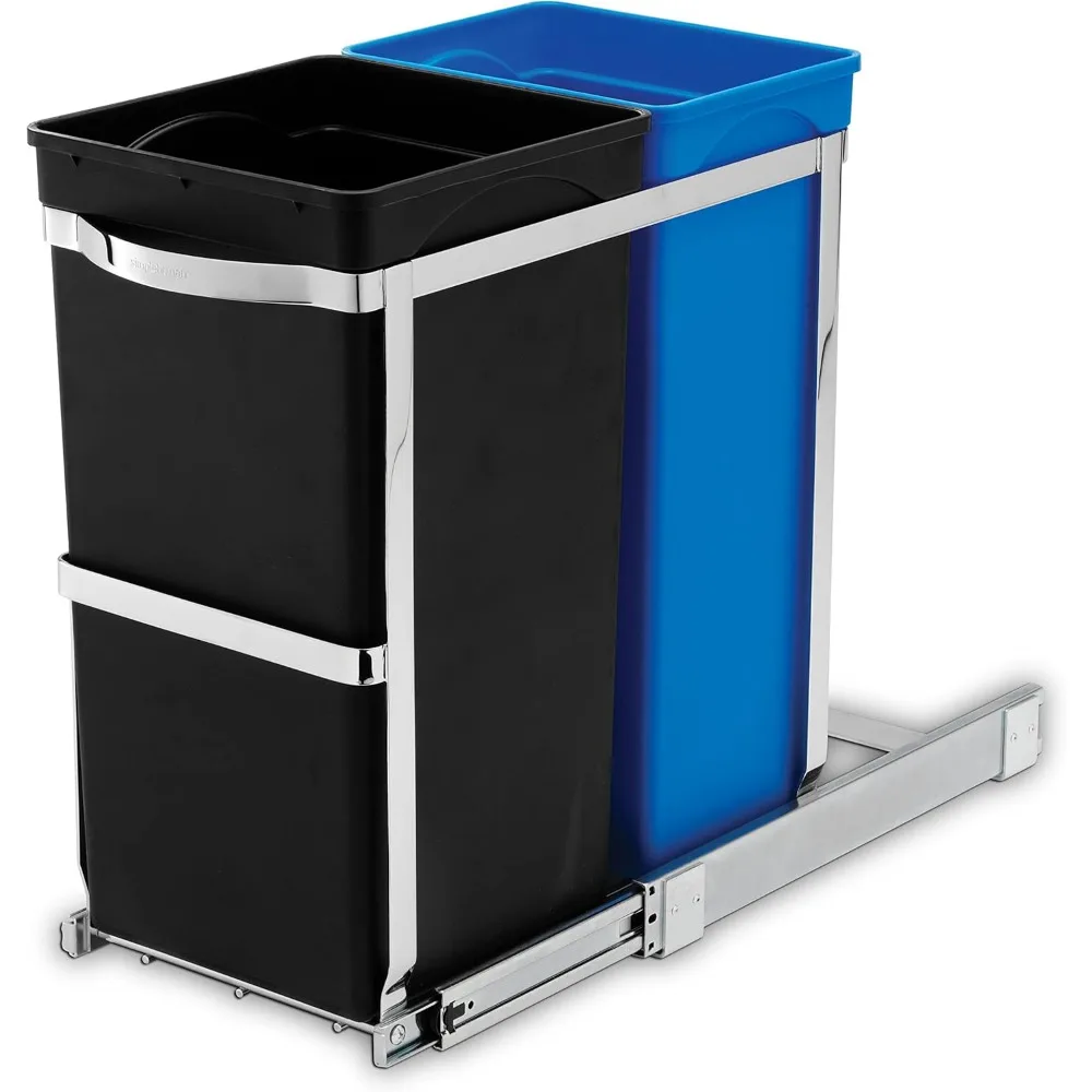 35 Liter / 9.3 Gallon Dual Compartment Under Counter Kitchen Cabinet Pull-Out Recycling Bin and Trash Can, Chrome