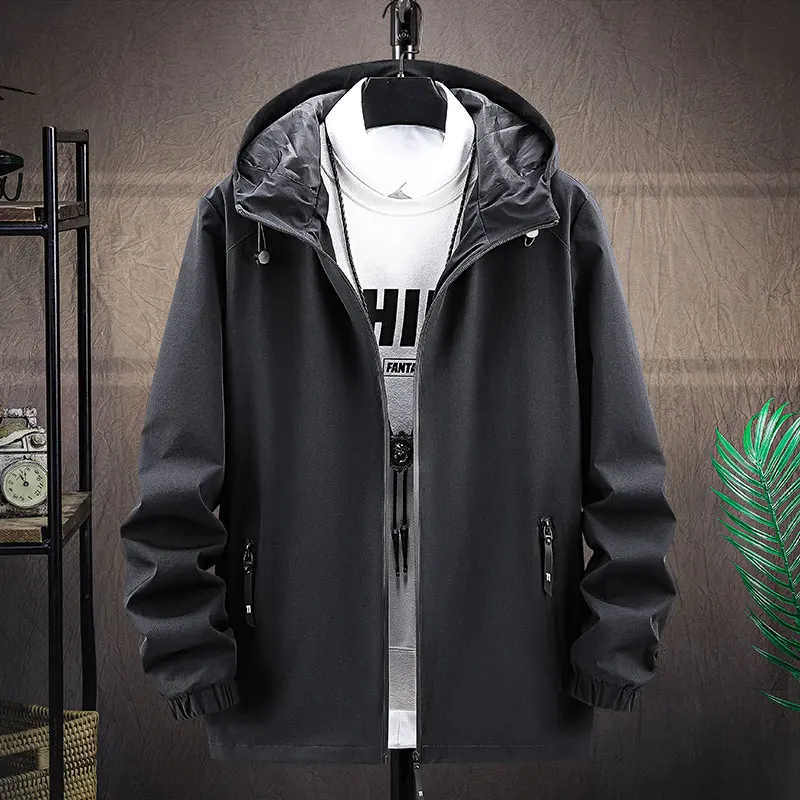 

Spring Autumn 2023 New Men's Hooded Drawstring Slim Korean Trendy Handsome Solid Color Long Sleeve Zipper Pockets Jackets Coats