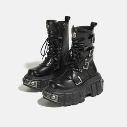 Metal Platform Middle Tube 2023 New Dark Punk Increased Lace-up Female Zipper Girl Motorcycle Boots Women