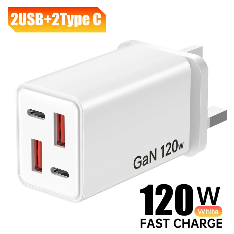 Powerful 120W Multi-Port USB & Type-C Charger with EU & UK Plug Adapters