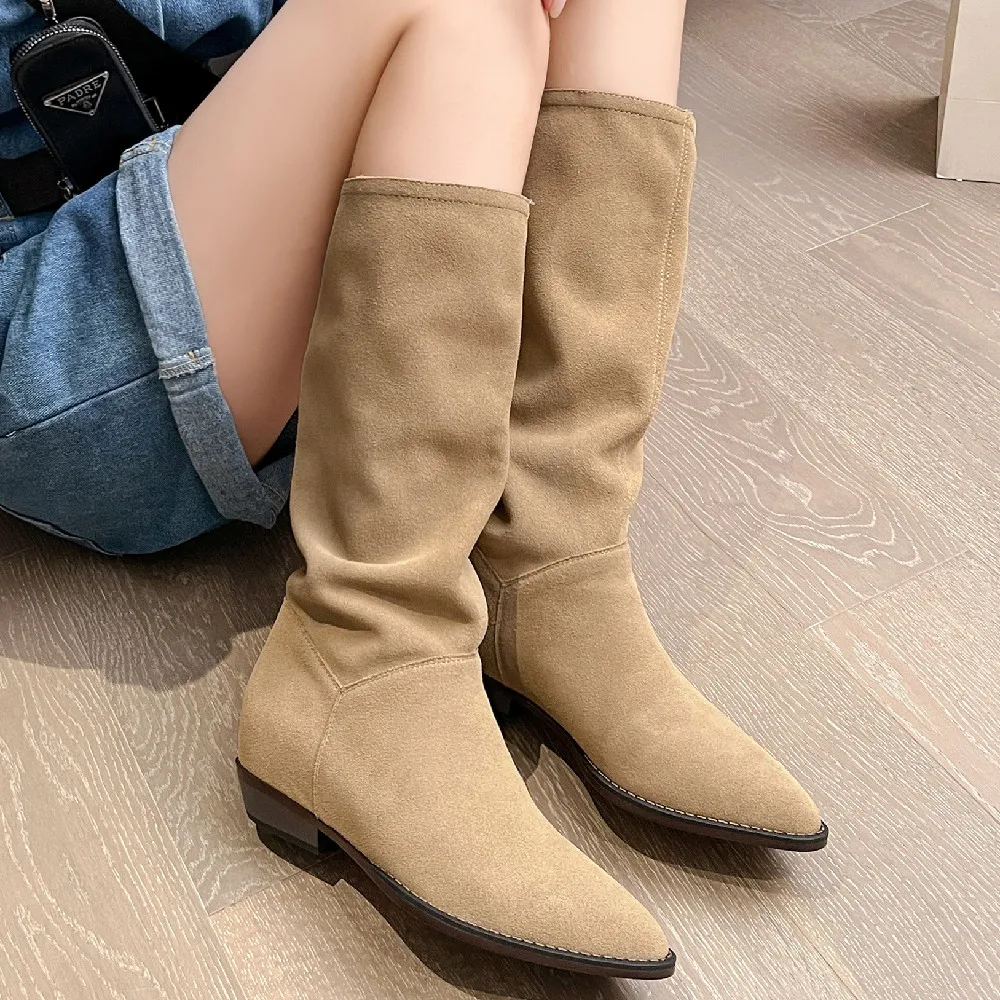 

Women's natural suede leather pointed toe slip-on flats autumn half western boots casual female high quality half boots shoes