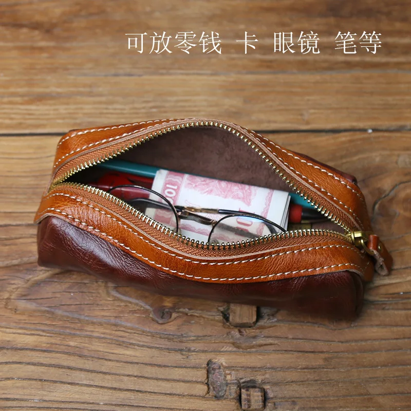 NZPJ New Vintage Genuine Leather Pencil Case Hand-Tooled Cowhide Wallet Unisex Glasses bag Retro Key Storage Bag