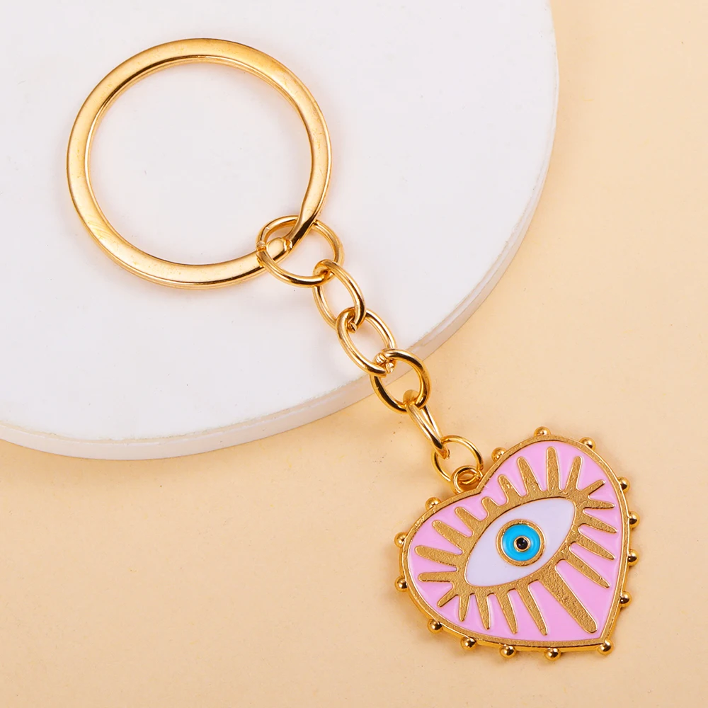 

5Colors Vintage Alloy Enamel Heart Turkish Evil Eye Pendants Keychain For Women Men Car Key Bags Hanging Keyring Souvenir Gifts