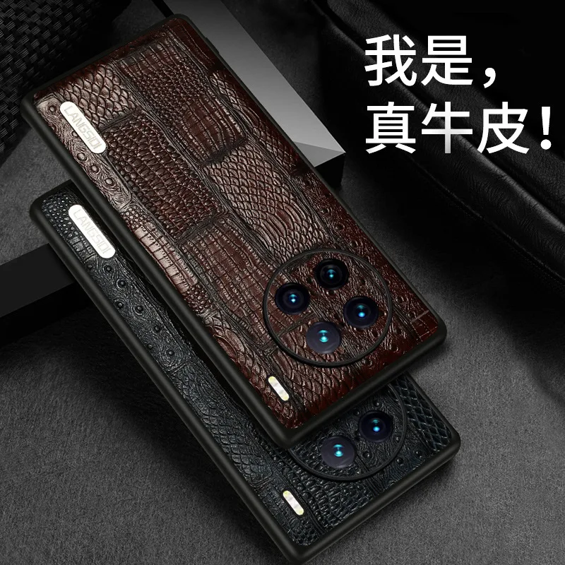 For VIVO X90 Pro Plus Phone Case Anti-knock Alligator pattern Classic Genuine Leather Soft TPU Back Cover