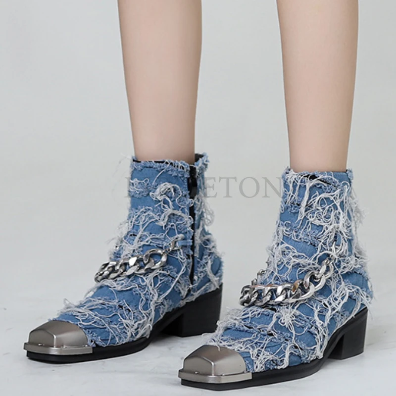 

Western Cowboy Boots for Women Metal Square Toe Denim Boot Punk Style Chain Botines Mujer Chunky Heels Designer Shoes