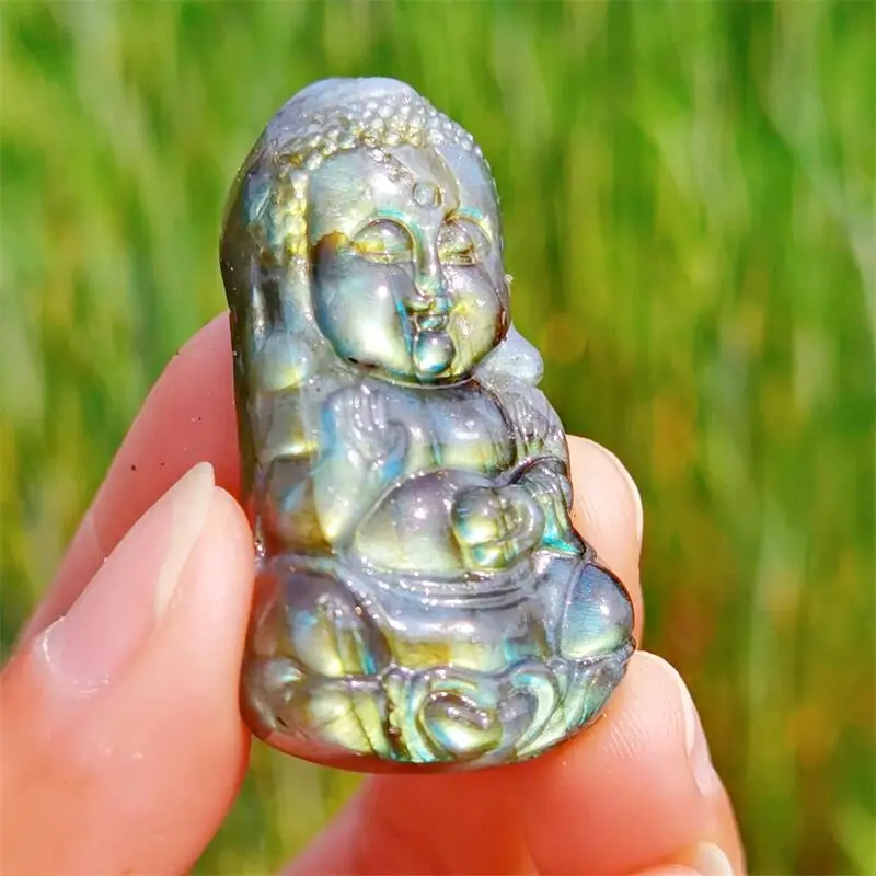 彫刻が施された天然ラブラドライトのミニ仏像,癒しの石,家や