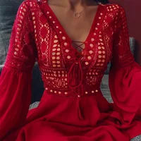 Women's A Line Dress Short Mini Dress White Black Red Long Sleeve Solid Color Ruffle Patchwork Chiffon Spring Summer Slim V Neck 2