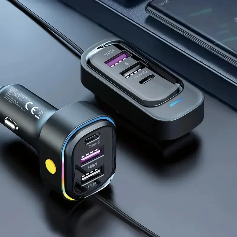 81W 고속 차량용 충전기 6포트 확장 동시 전면 및 후면 충전 유형-C 2-USB 1.5m 연장 케이블 미끄럼 방지 클램프