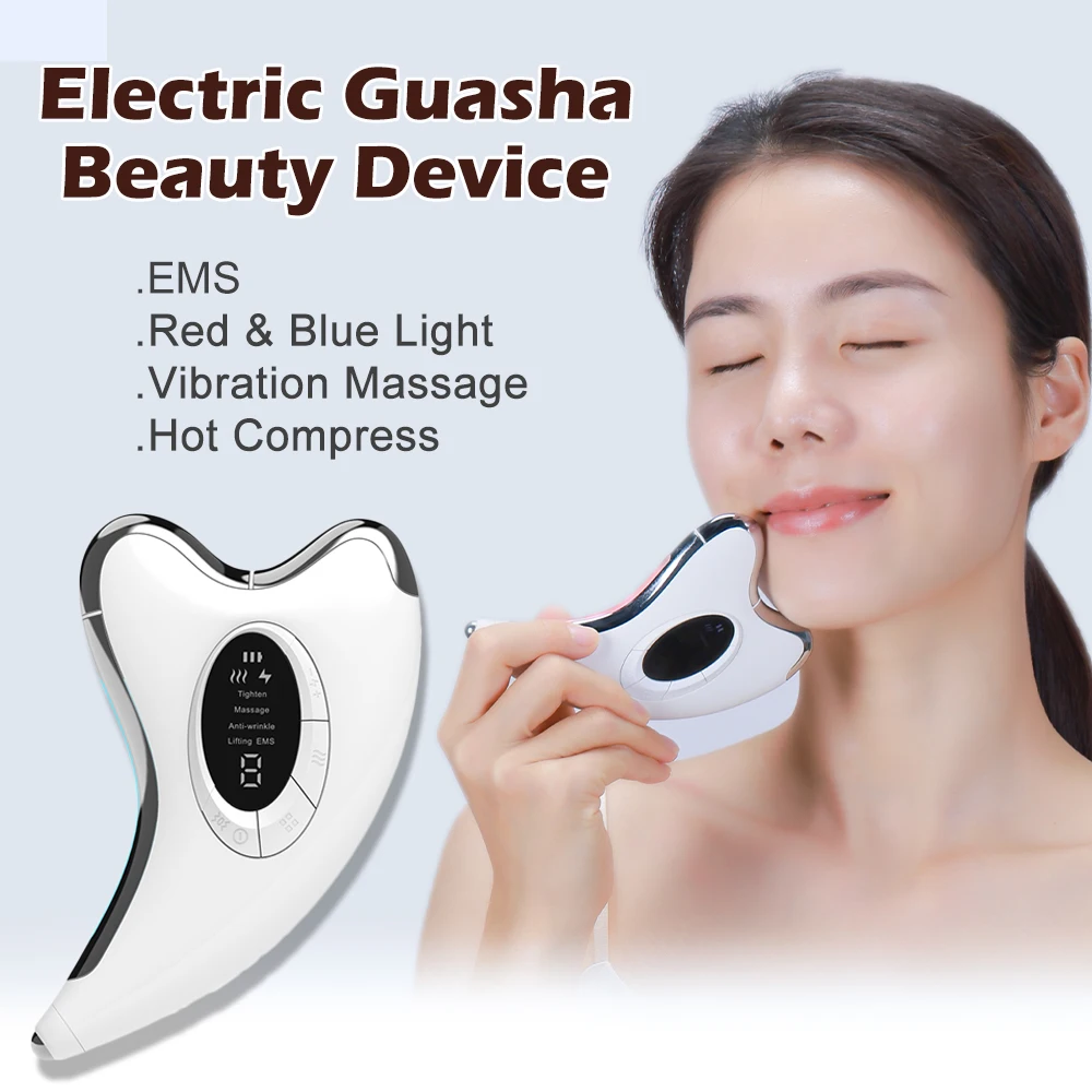 Electric Gua Sha Massager Microcurrent Face Lift Device Red & Blue Light Heating Beauty Skin Lifting Facial Body Massager