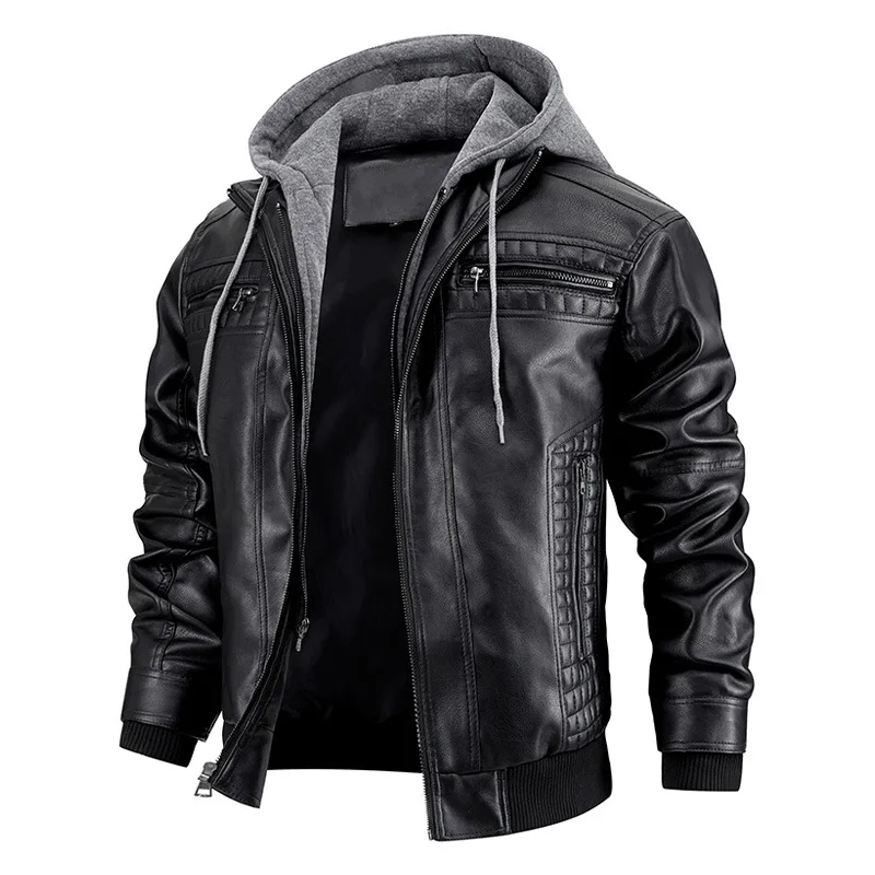 Leather Jackets Men's Motorcycle Slim Fit Hooded PU Coat Autumn Winter Casual Windproof Detachable Hat S-XXXL