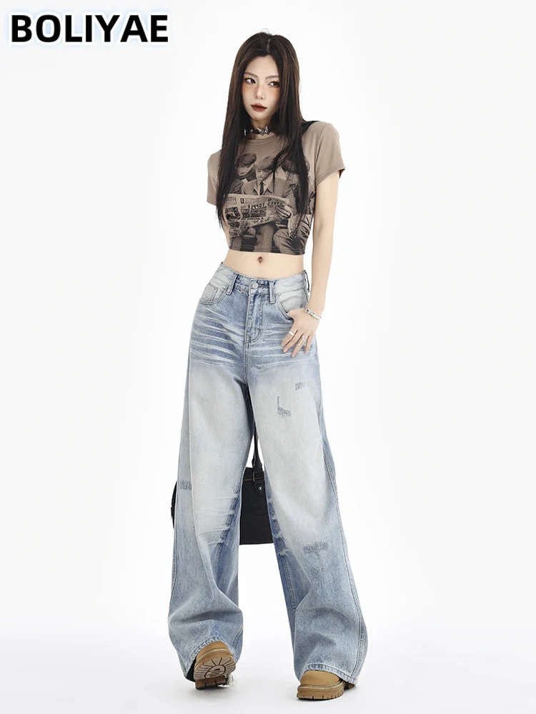 

Boliyae Fashion Baggy Jeans Women Y2K Streetwear Vintage Straight Denim Pants Harajuku Washed Casual Hole Wide Leg Trousers 2024