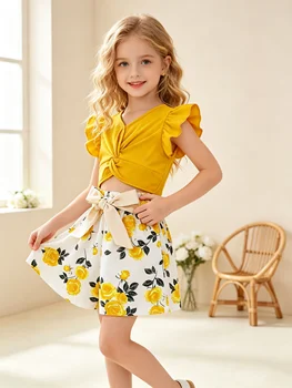 Set di abbigliamento per bambini, top estivo casual con bordo arricciato, senza maniche, con fiocco, tinta unita, con pantaloncini con motivo stampato e cintura