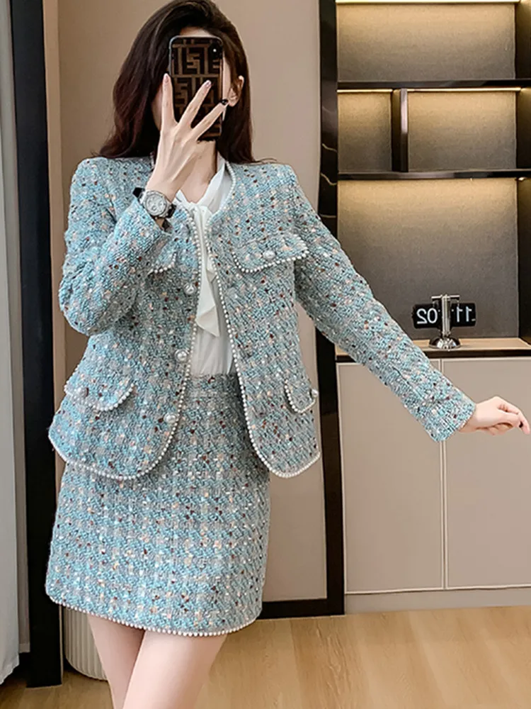 

SMTHMA New Autumn Winter Runway Style Celebrity Temperament Tweed Beaded Jacket Coat Two Piece Set High Waist Slim Skirt Outfits